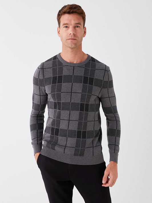 Crew Neck Long Sleeve Plaid Men's Knitwear Sweater