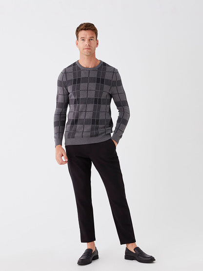 Crew Neck Long Sleeve Plaid Men's Knitwear Sweater