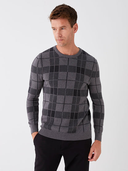 Crew Neck Long Sleeve Plaid Men's Knitwear Sweater