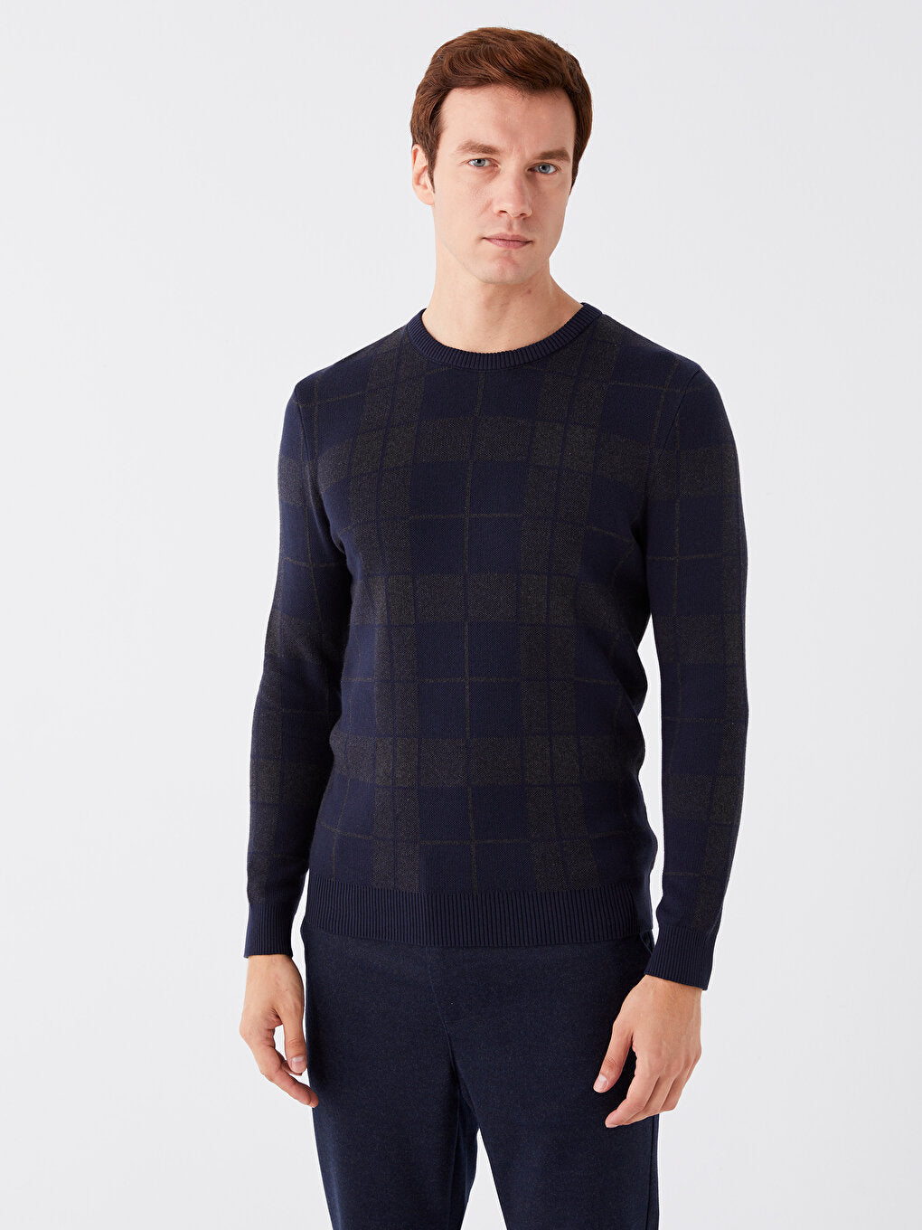 Crew Neck Long Sleeve Plaid Men's Knitwear Sweater