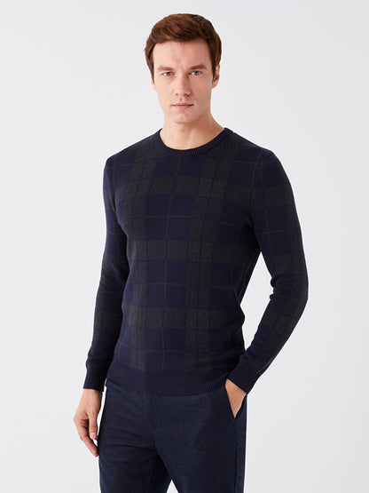 Crew Neck Long Sleeve Plaid Men's Knitwear Sweater