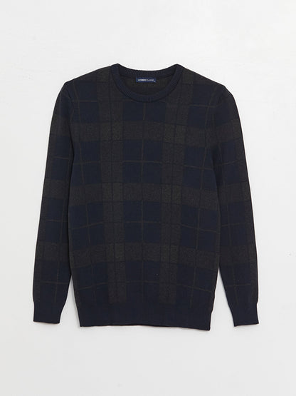 Crew Neck Long Sleeve Plaid Men's Knitwear Sweater