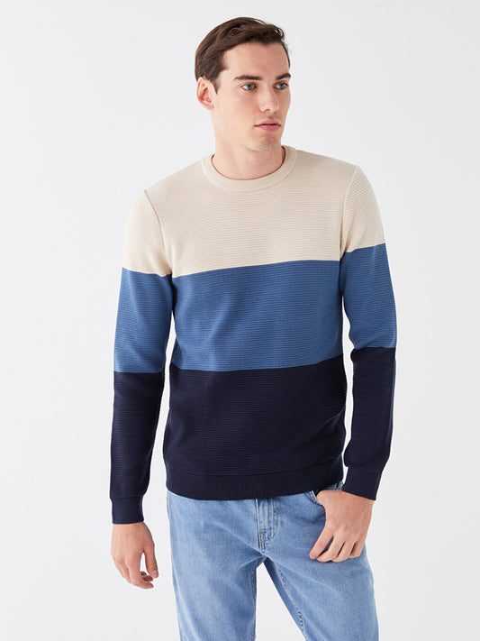 Crew Neck Long Sleeve Color Block Men's Knitwear Sweater