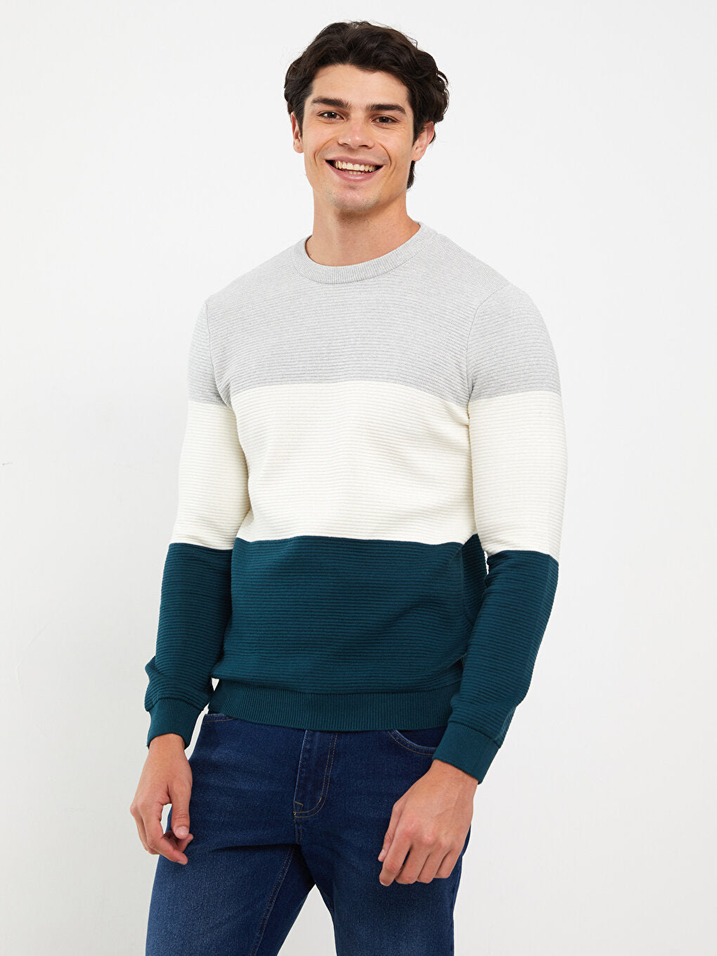 Crew Neck Long Sleeve Color Block Men's Knitwear Sweater