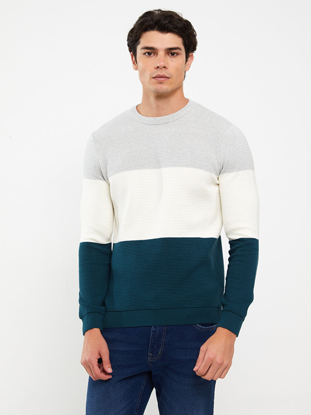 Crew Neck Long Sleeve Color Block Men's Knitwear Sweater