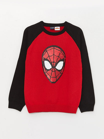 Crew Neck Spiderman Reversible Sequined Long Sleeve Boy's Knitwear Sweater