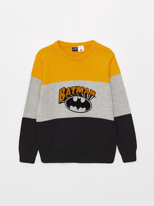 Crew Neck Batman Patterned Long Sleeve Boy's Knitwear Sweater