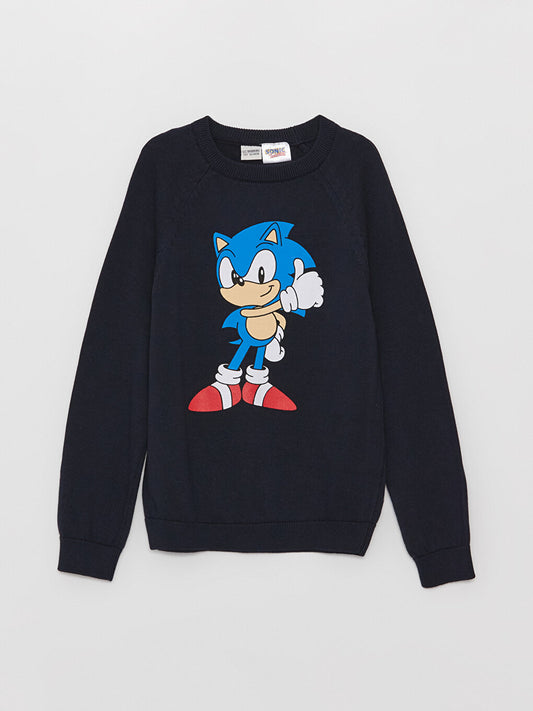 Crew Neck Sonic Printed Long Sleeve Boy's Knitwear Sweater