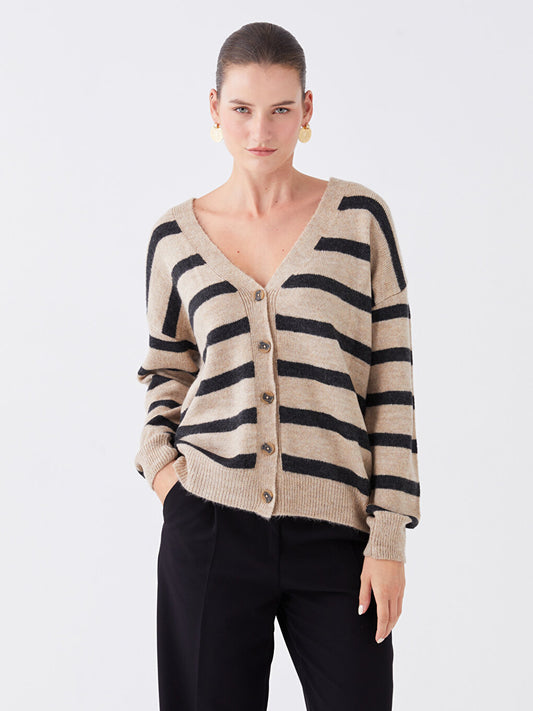 V-Neck Striped Long Sleeve Women's Knitwear Cardigan