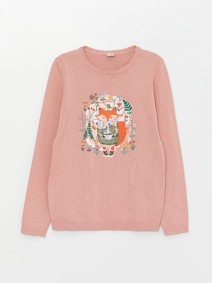 Crew Neck Printed Long Sleeve Girl's Knitwear Sweater