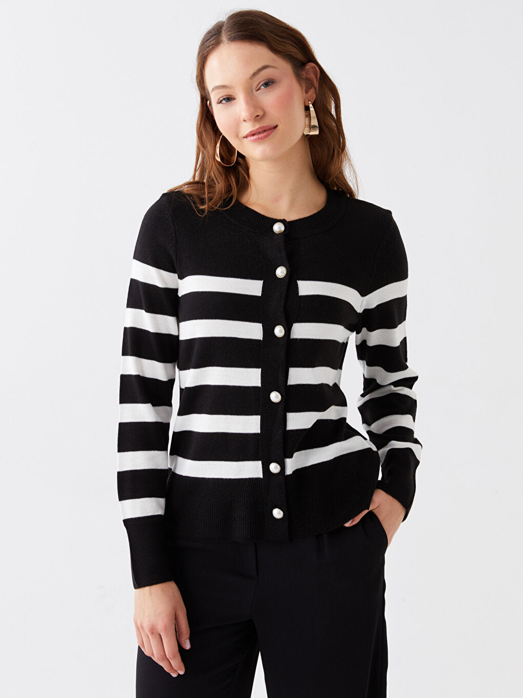 Crew Neck Striped Long Sleeve Women's Knitwear Cardigan