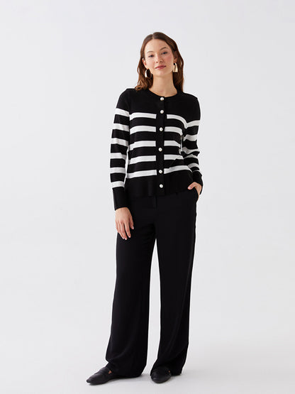 Crew Neck Striped Long Sleeve Women's Knitwear Cardigan