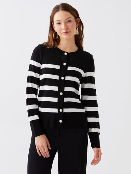 Crew Neck Striped Long Sleeve Women's Knitwear Cardigan