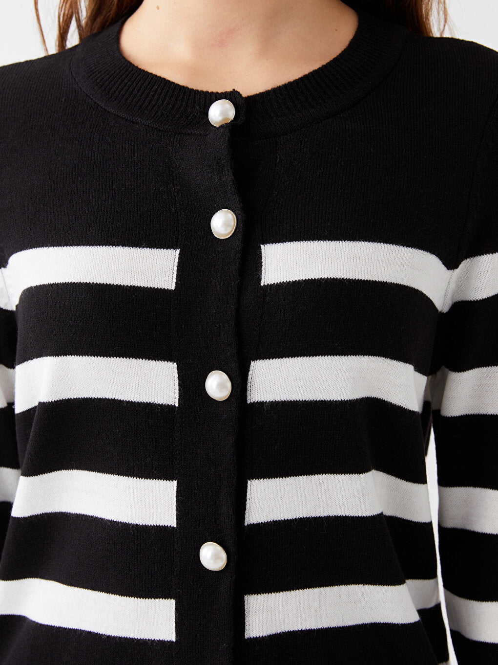 Crew Neck Striped Long Sleeve Women's Knitwear Cardigan