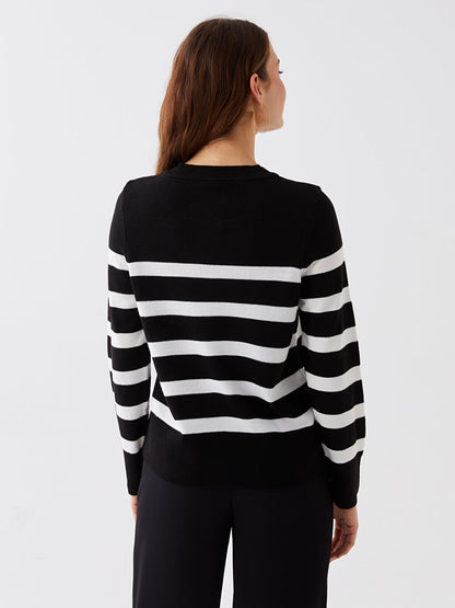 Crew Neck Striped Long Sleeve Women's Knitwear Cardigan