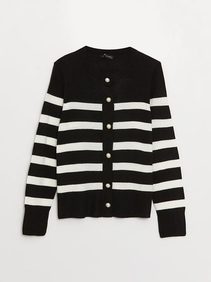 Crew Neck Striped Long Sleeve Women's Knitwear Cardigan