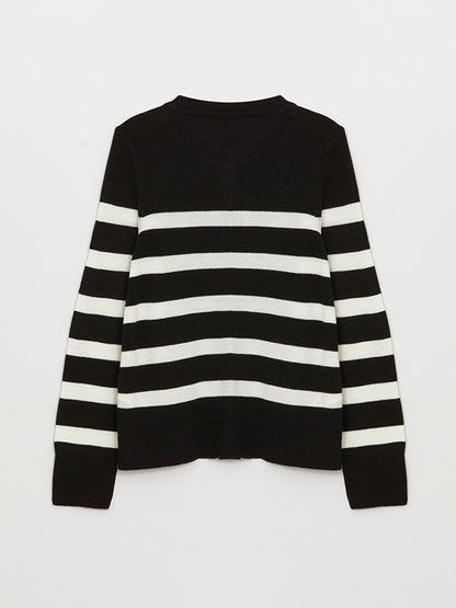 Crew Neck Striped Long Sleeve Women's Knitwear Cardigan