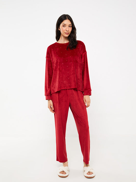 Crew Neck Patterned Long Sleeve Women's Velvet Pajama Set