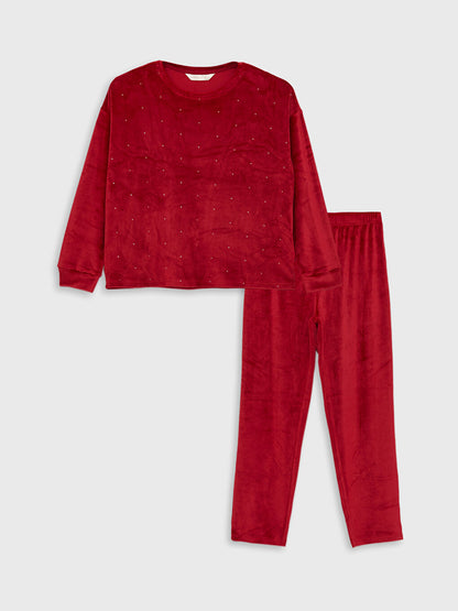 Crew Neck Patterned Long Sleeve Women's Velvet Pajama Set