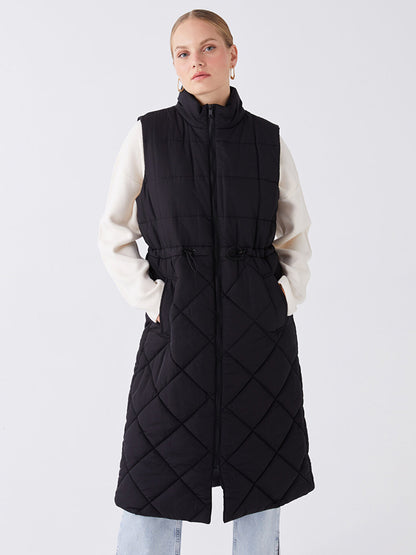 High Collar Self Patterned Women's Puffer Vest