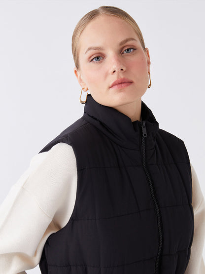 High Collar Self Patterned Women's Puffer Vest