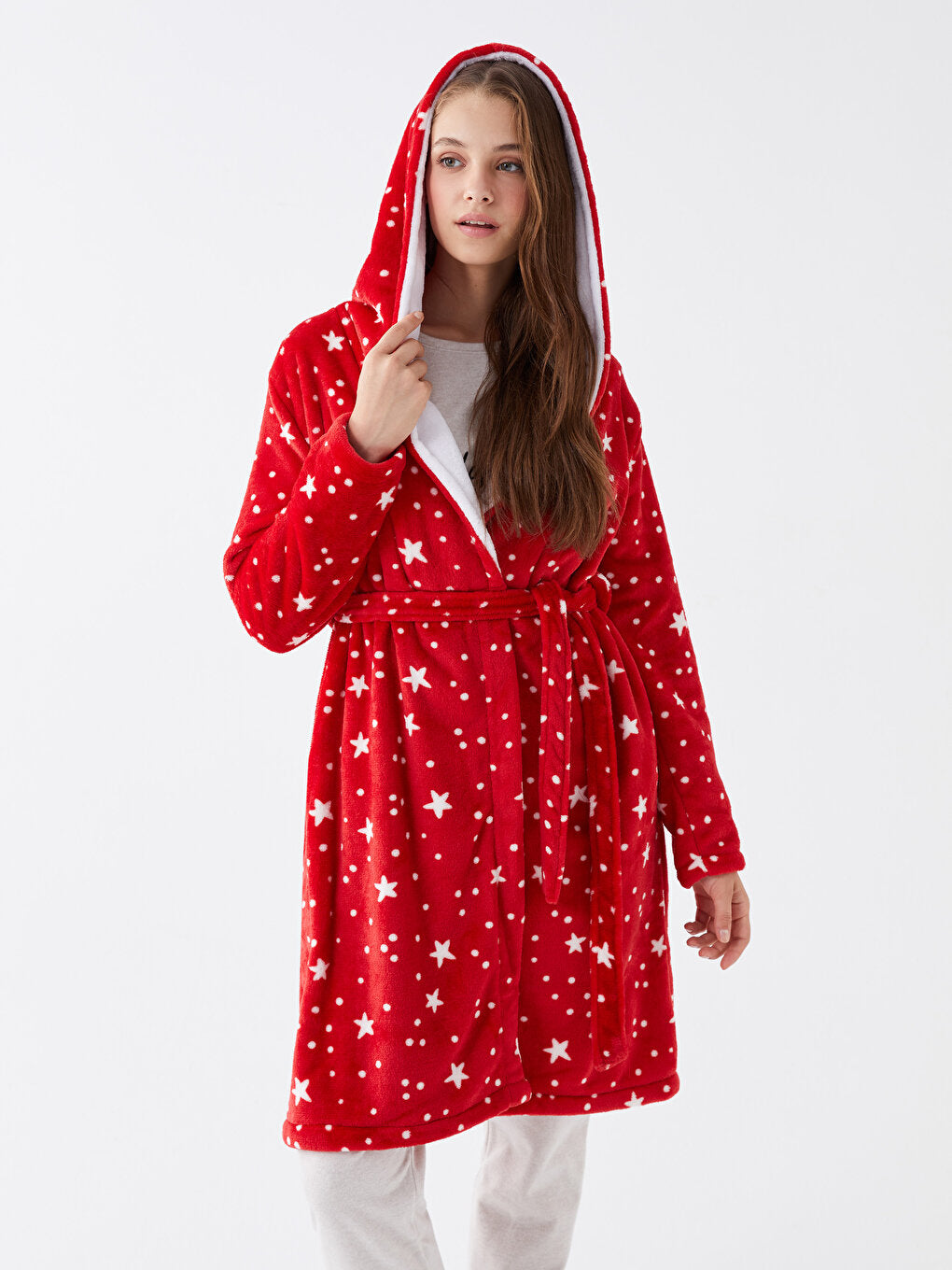 Hooded Patterned Long Sleeve Plush Women's Dressing Gown