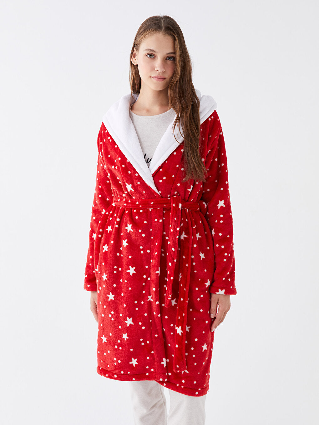 Hooded Patterned Long Sleeve Plush Women's Dressing Gown