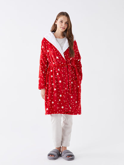 Hooded Patterned Long Sleeve Plush Women's Dressing Gown