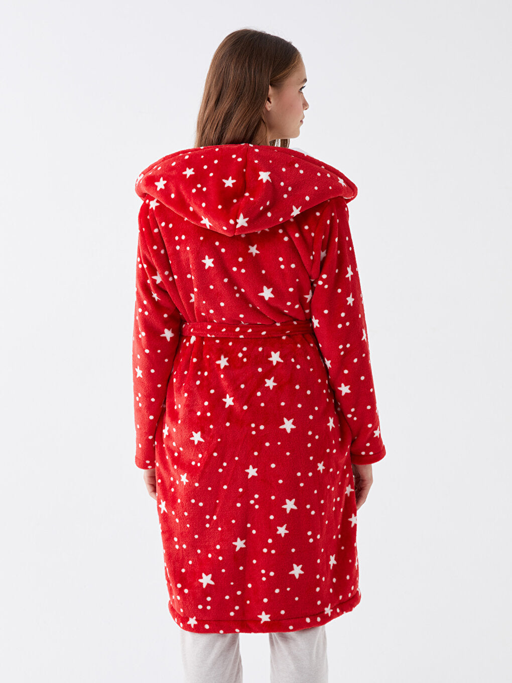 Hooded Patterned Long Sleeve Plush Women's Dressing Gown