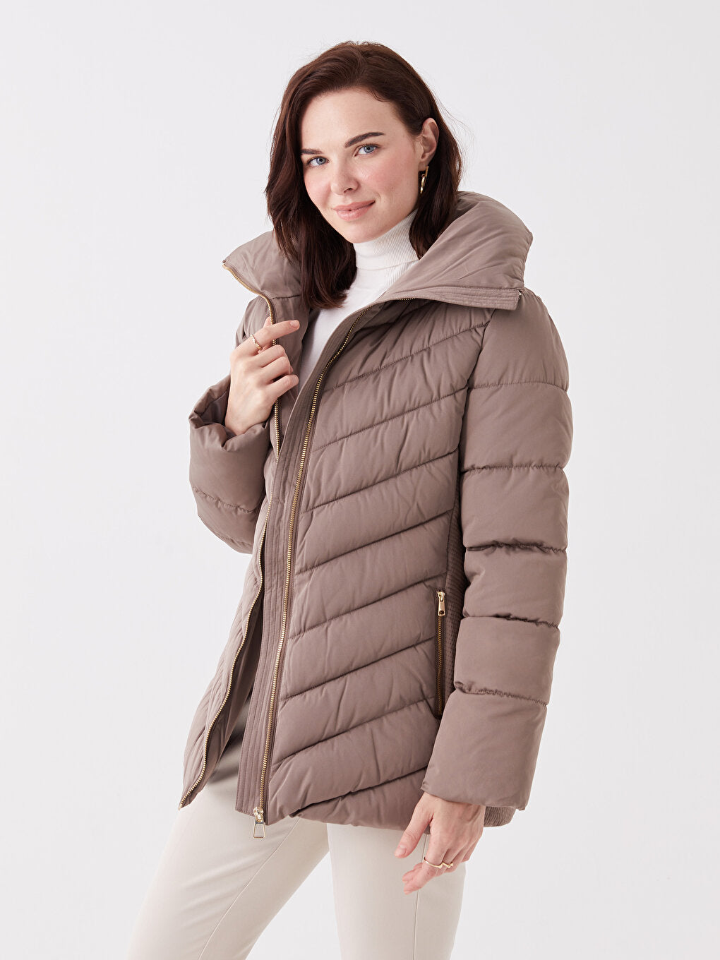 Stand-up Collar Plain Long Sleeve Women's Puffer Coat