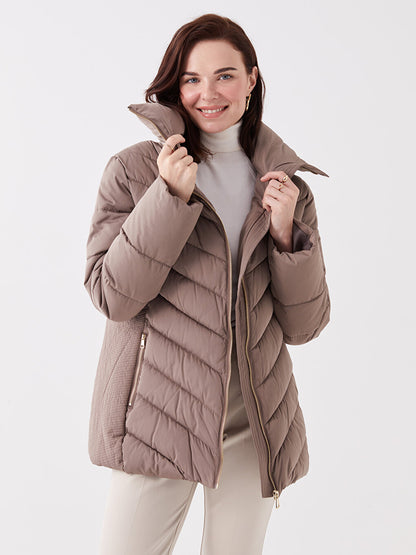 Stand-up Collar Plain Long Sleeve Women's Puffer Coat