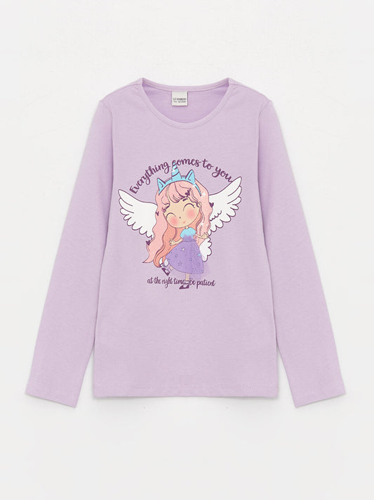 Crew Neck Printed Long Sleeve Cotton Girls' T-Shirt