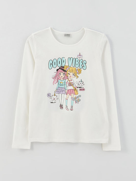 Crew Neck Printed Long Sleeve Girls' T-Shirt