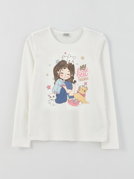 Crew Neck Printed Long Sleeve Girls' T-Shirt