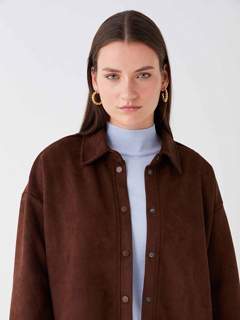 Plain Long Sleeve Oversize Suede Women's Shirt Jacket