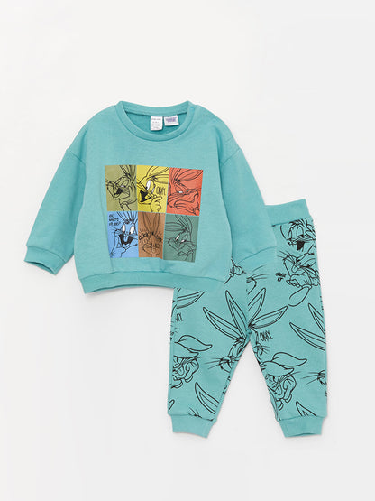 Crew Neck Bugs Bunny Printed Baby Boy Sweatshirt and Tracksuit Bottom 2-Piece Set