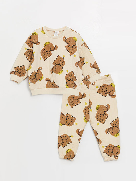 Crew Neck Printed Baby Boy Sweatshirt and Tracksuit Bottom, Pack of 2