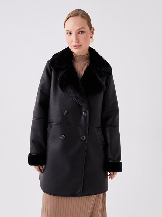 Women's Jacket Collar Plain Leather Look Coat