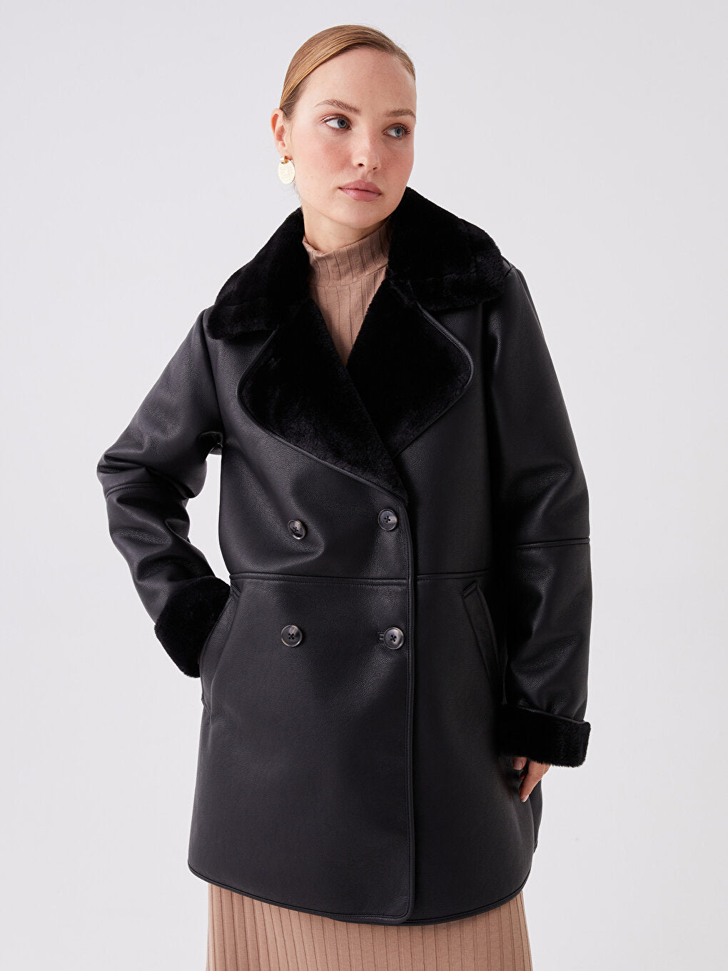 Women's Jacket Collar Plain Leather Look Coat