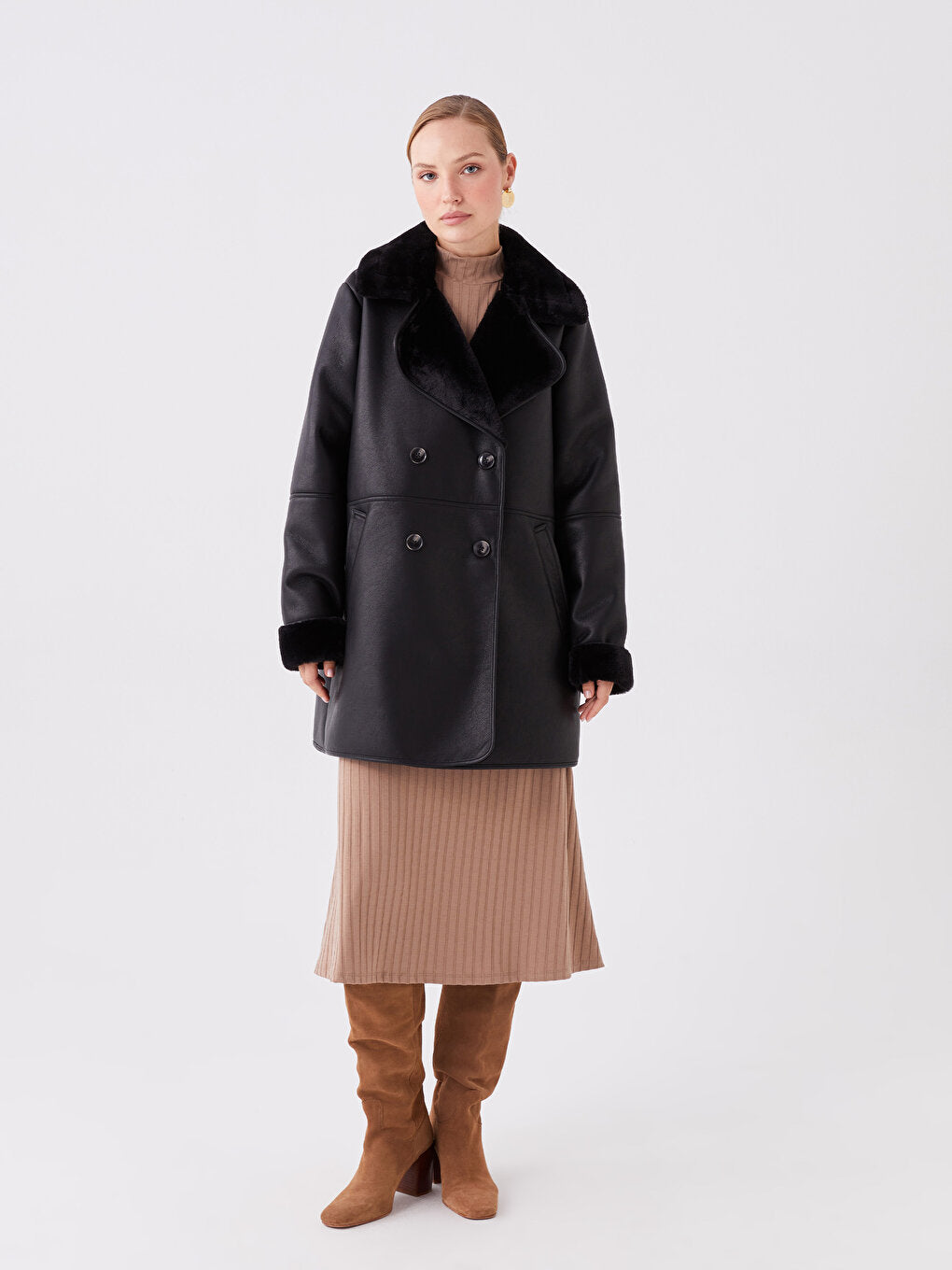 Women's Jacket Collar Plain Leather Look Coat