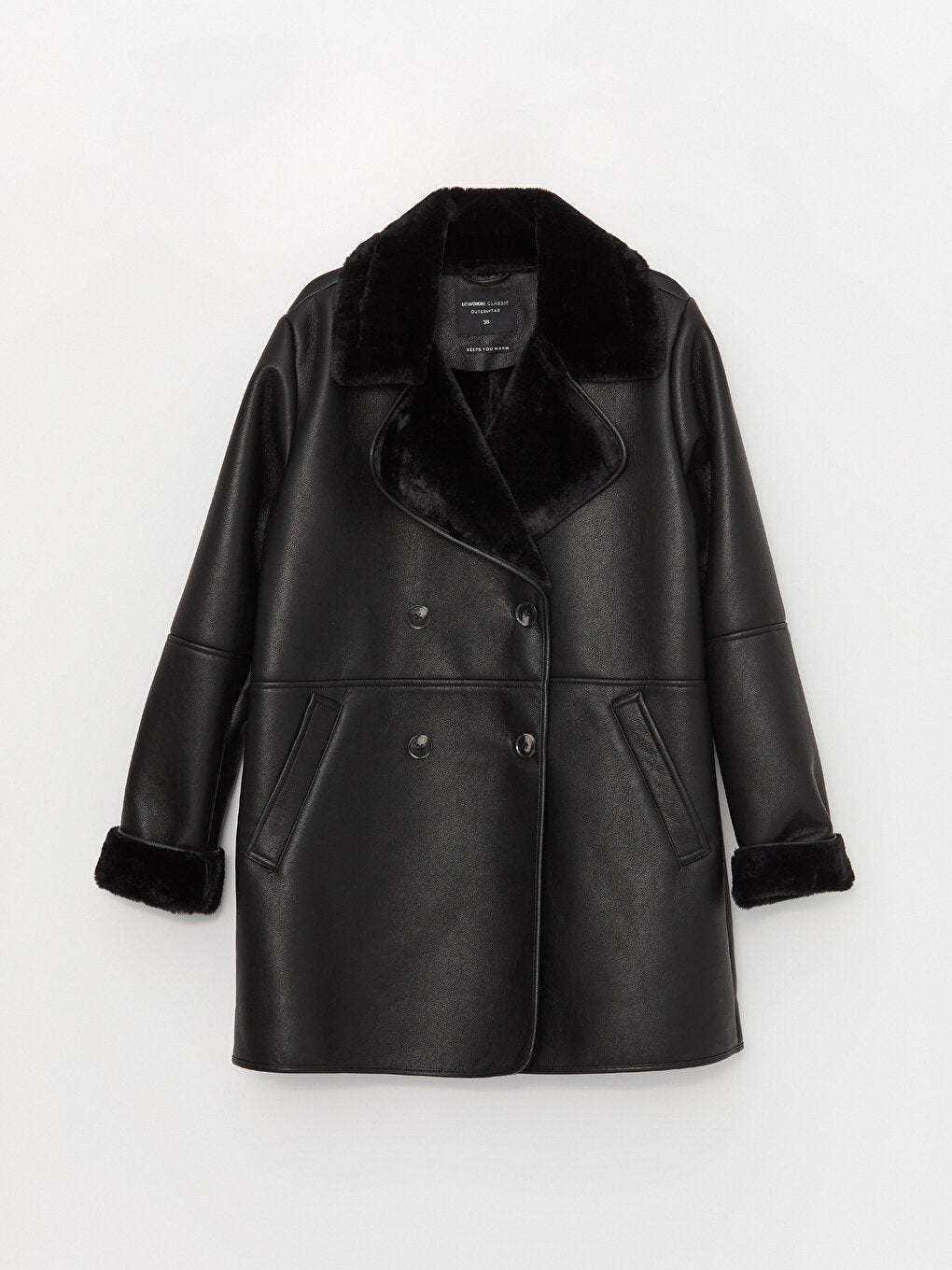 Women's Jacket Collar Plain Leather Look Coat