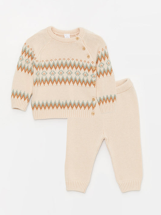 Crew Neck Long Sleeve Patterned Baby Boy Knitwear Sweater and Trousers 2-Piece Set