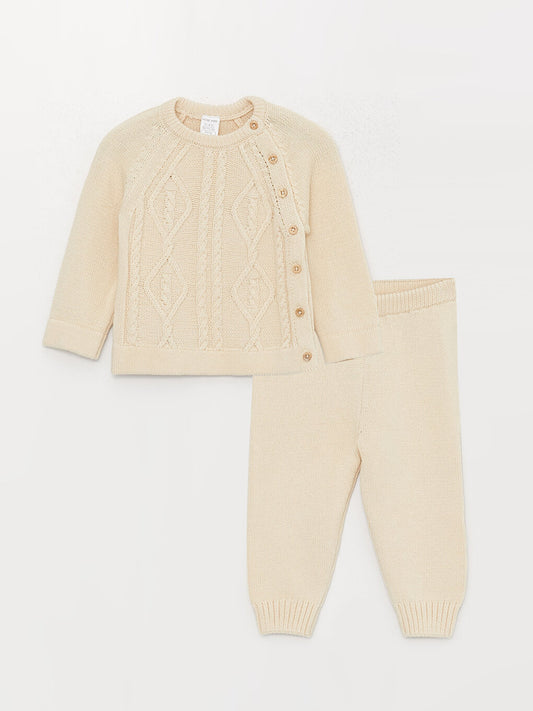 Crew Neck, Patterned Long Sleeve Baby Boy Knitwear Cardigan and Trousers