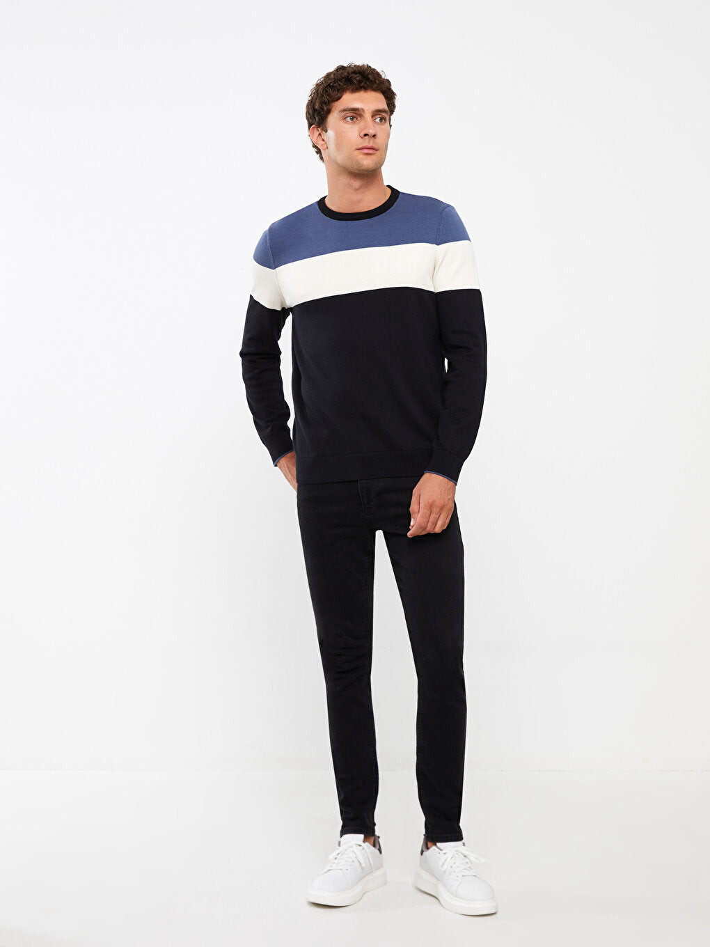 Crew Neck Long Sleeve Color Block Men's Knitwear Sweater