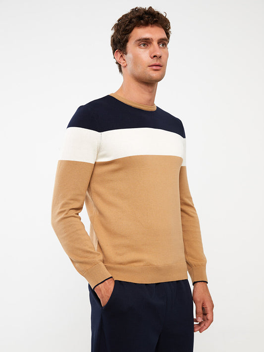 Crew Neck Long Sleeve Color Block Men's Knitwear Sweater