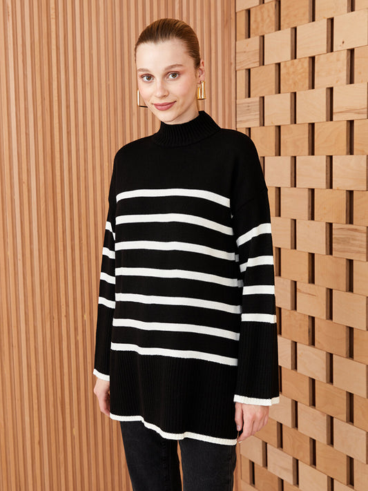 Half Turtleneck Striped Long Sleeve Women's Knitwear Tunic