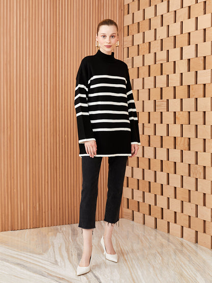 Half Turtleneck Striped Long Sleeve Women's Knitwear Tunic