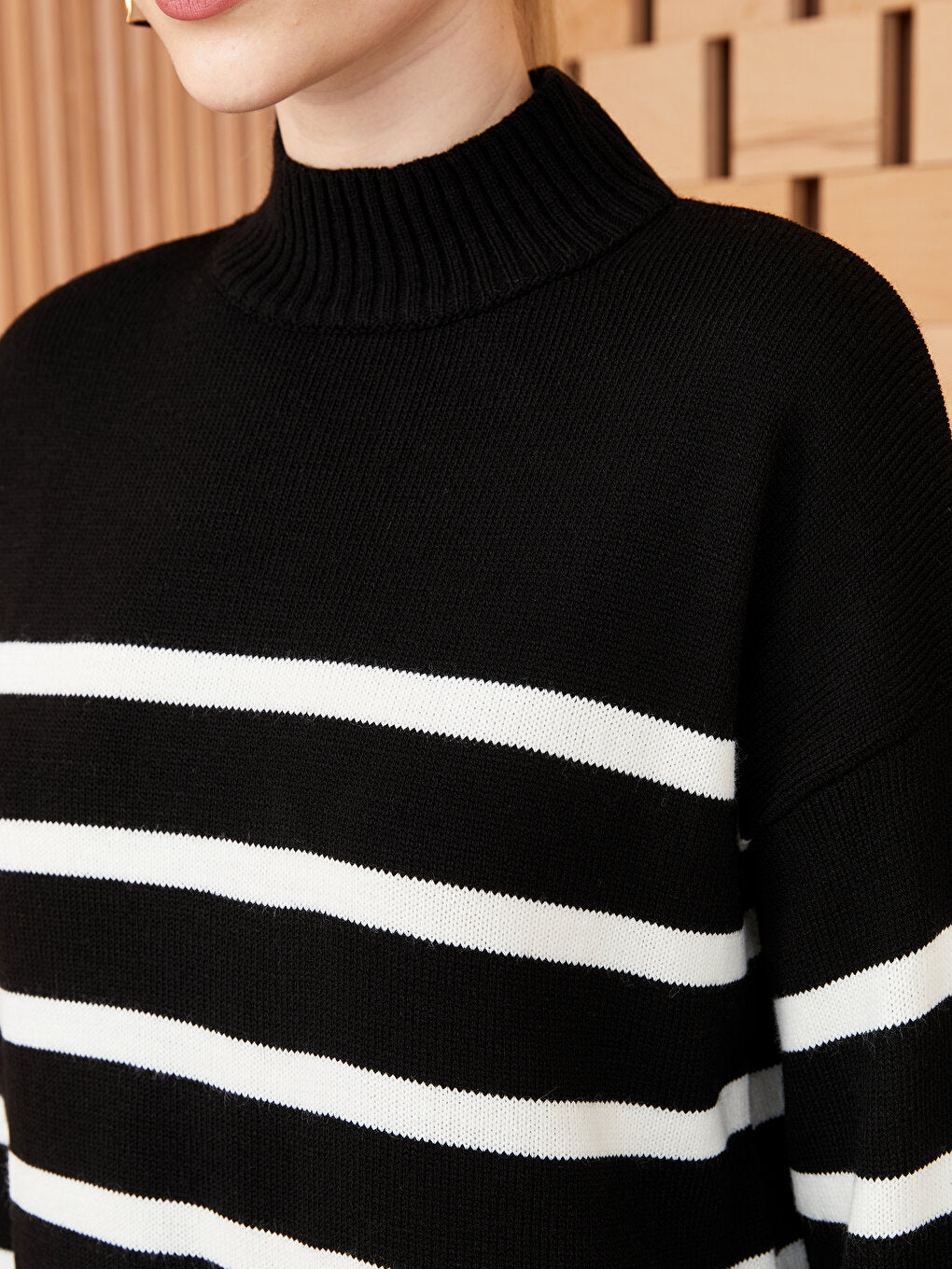 Half Turtleneck Striped Long Sleeve Women's Knitwear Tunic