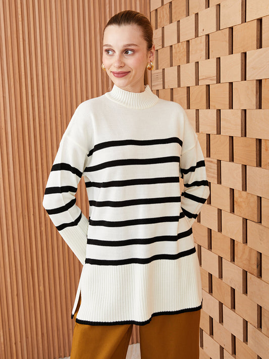 Half Turtleneck Striped Long Sleeve Women's Knitwear Tunic