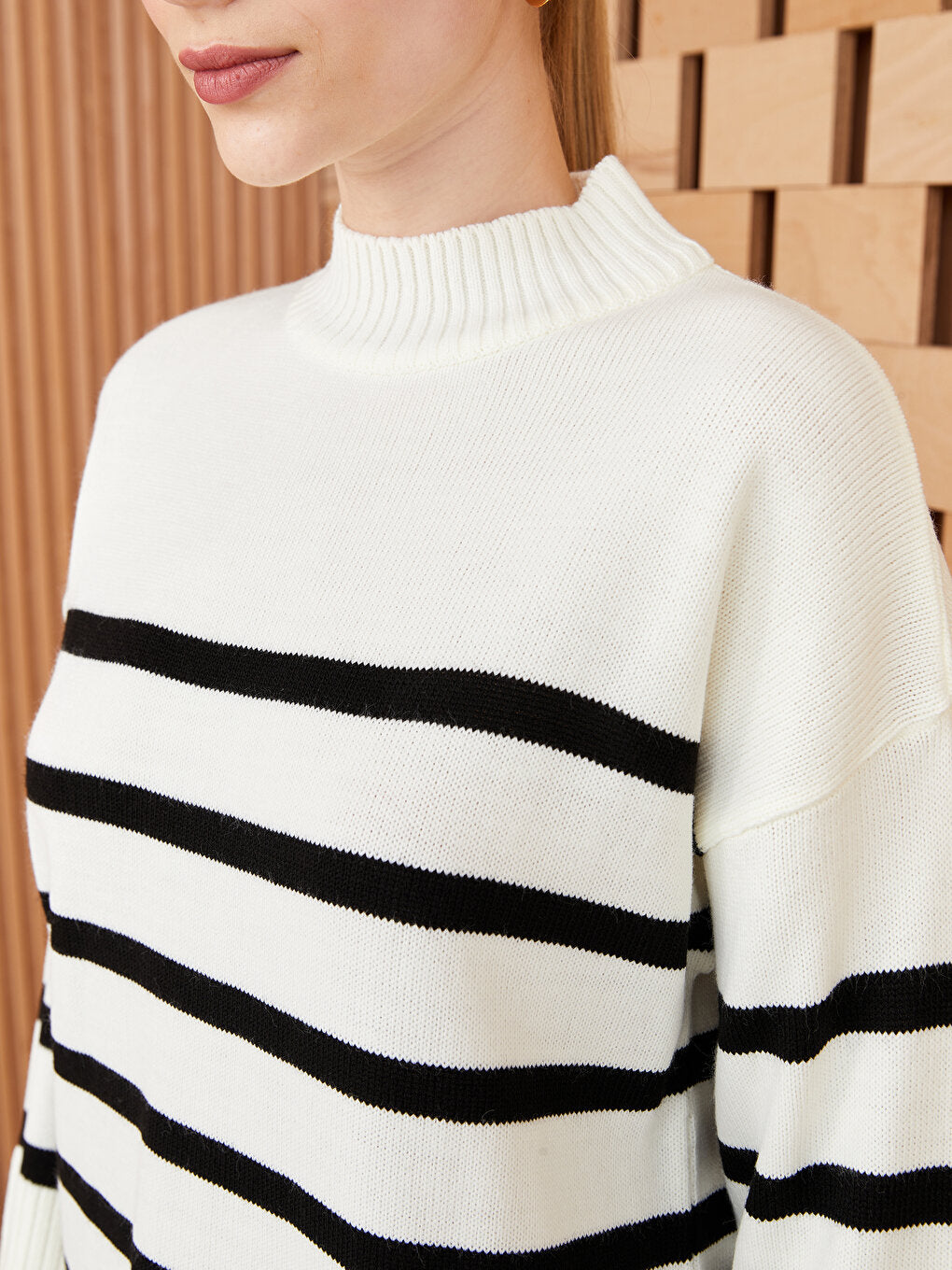 Half Turtleneck Striped Long Sleeve Women's Knitwear Tunic